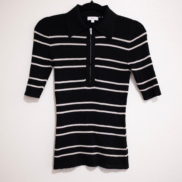 A.L.C. Cooper Top Black White Stripe Stretch Knit Polo Henley Zipper SZ S - Picture 2 of 7